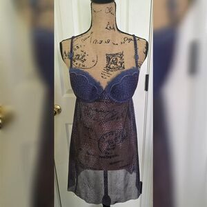 Ambrielle Sheer Blue Snake Print Babydoll Lingerie Dress M